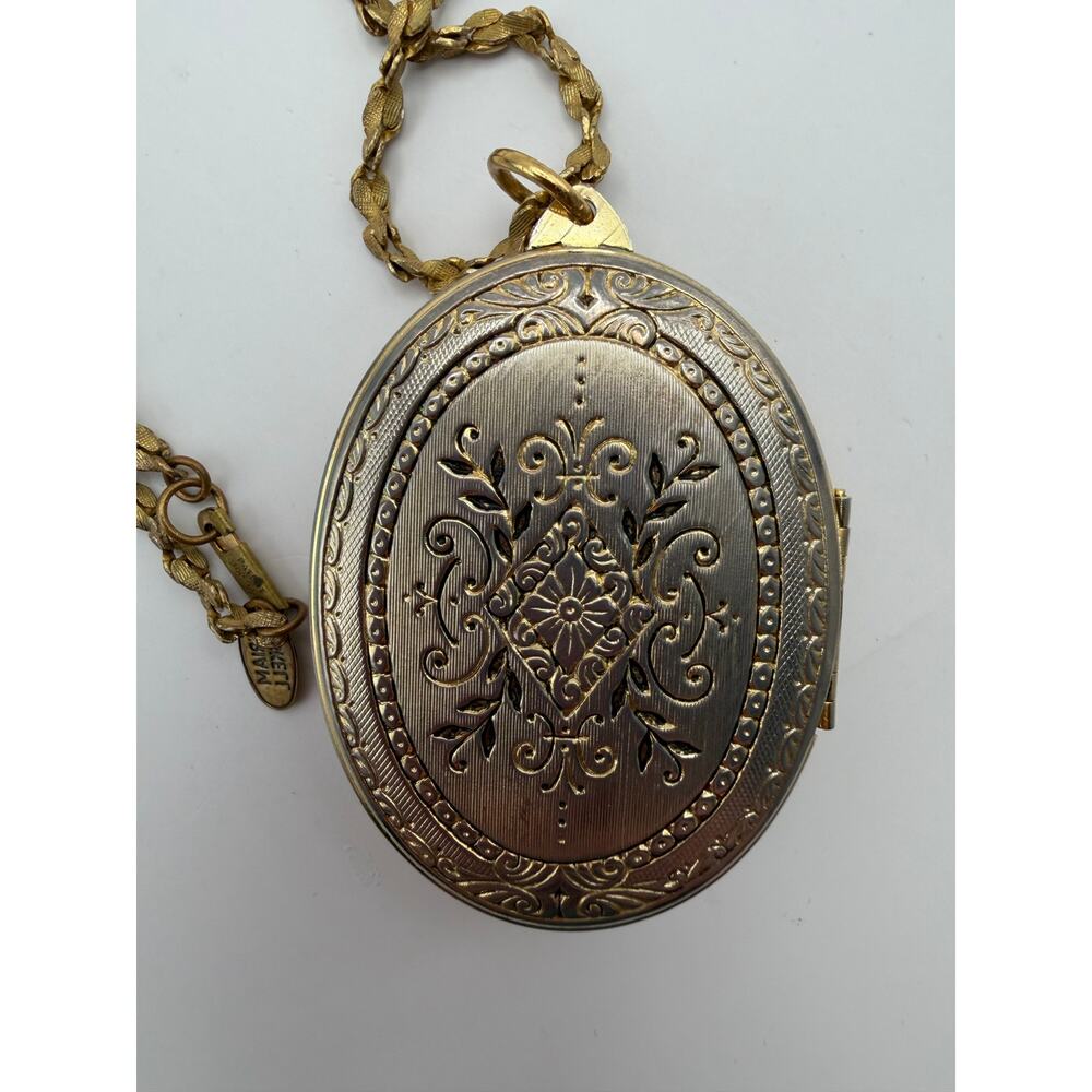 Vintage Miriam Haskell Large Floral Locket Pendant Necklace Signed 1970s - Picture 5 of 9
